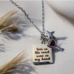 Toes in the sand Wine in my hand Silver tone Charm Necklace